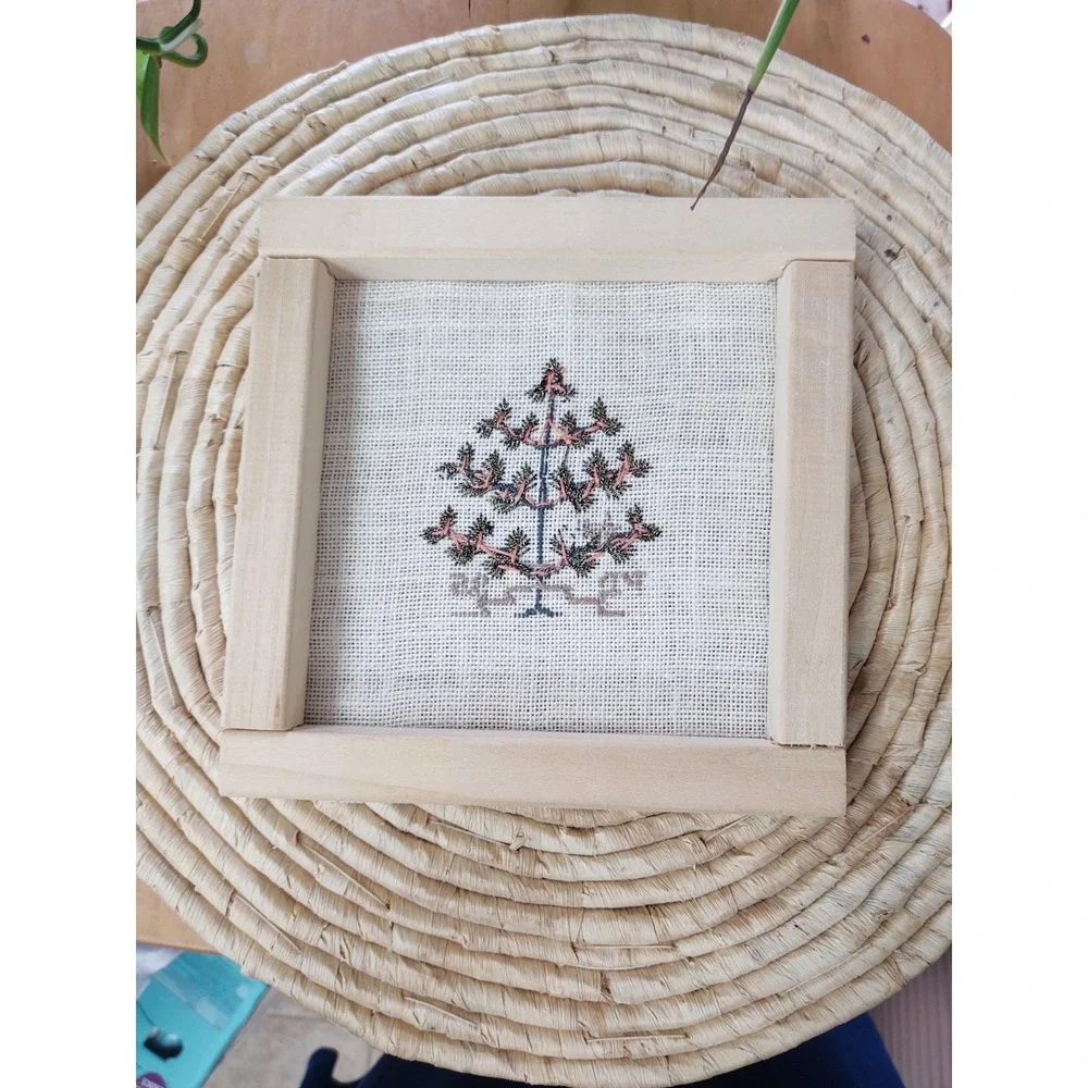 Vintage Completed Cross Stitch Tree Wood Frame Secured Brass Thumb Nails 7
